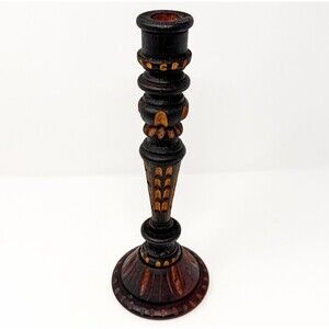 Vintage Hand Carved Wood Candlestick Black Brown Folk Art Boho Candle Holder